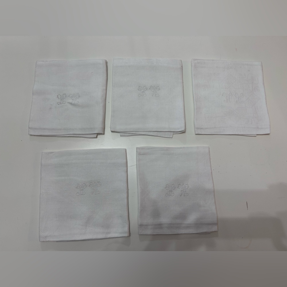 Set of 5 White Napkins HW Monogram Antique French Linen Damask Cotton Napkins